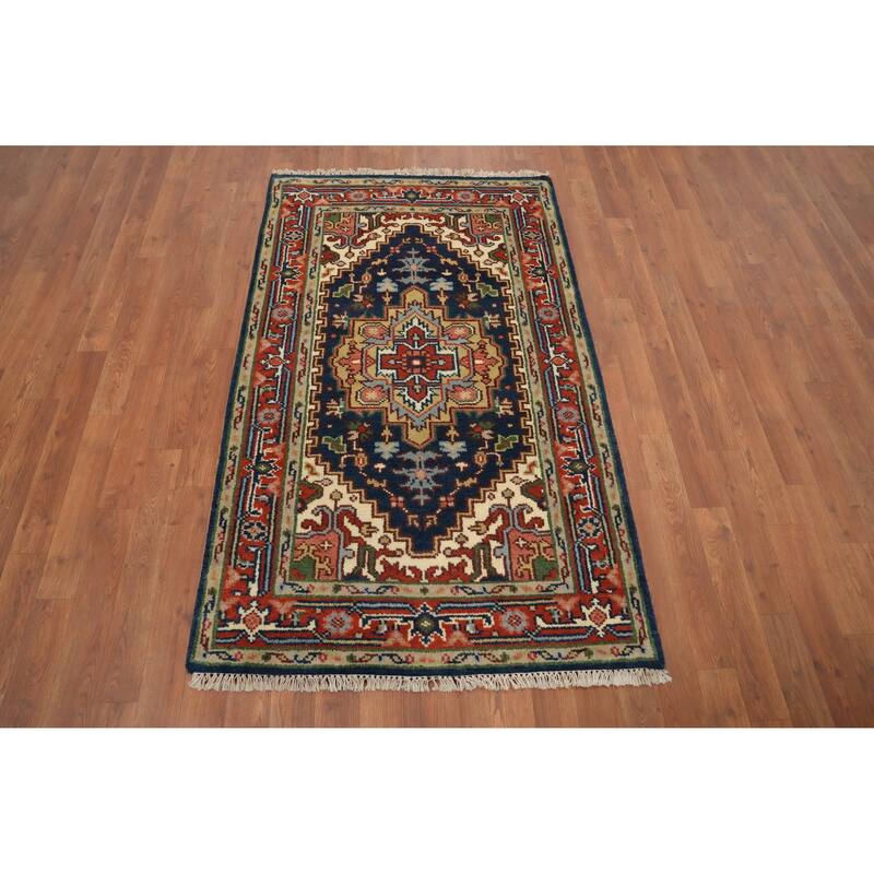 Hand Knotted Oriental 100% Wool Carpet Traditional Medallion Navy Blue & Blues Heriz (serapi) Area Rug - 5' 0'' X 3' 0''