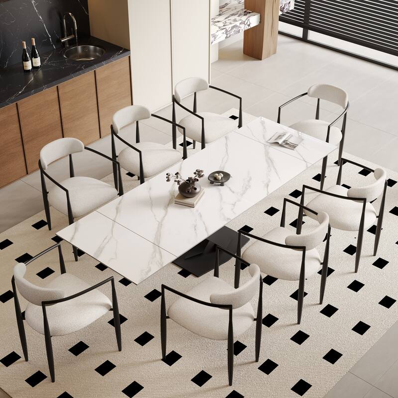 9 - Piece 94.48'' Modern Minimalist Extendable Sintered Stone Top Dining Set with 8 Fabric Chairs