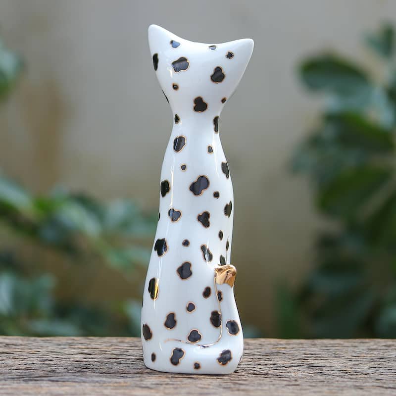 Novica Handmade Dalmatian Cat Porcelain Statuette