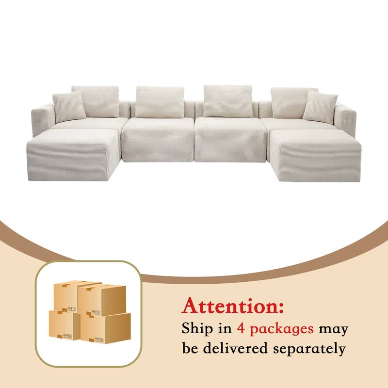 U-shaped Corduroy Sectional Sofa with 2 Large Ottomans, Square Arms & Ottoman Extension