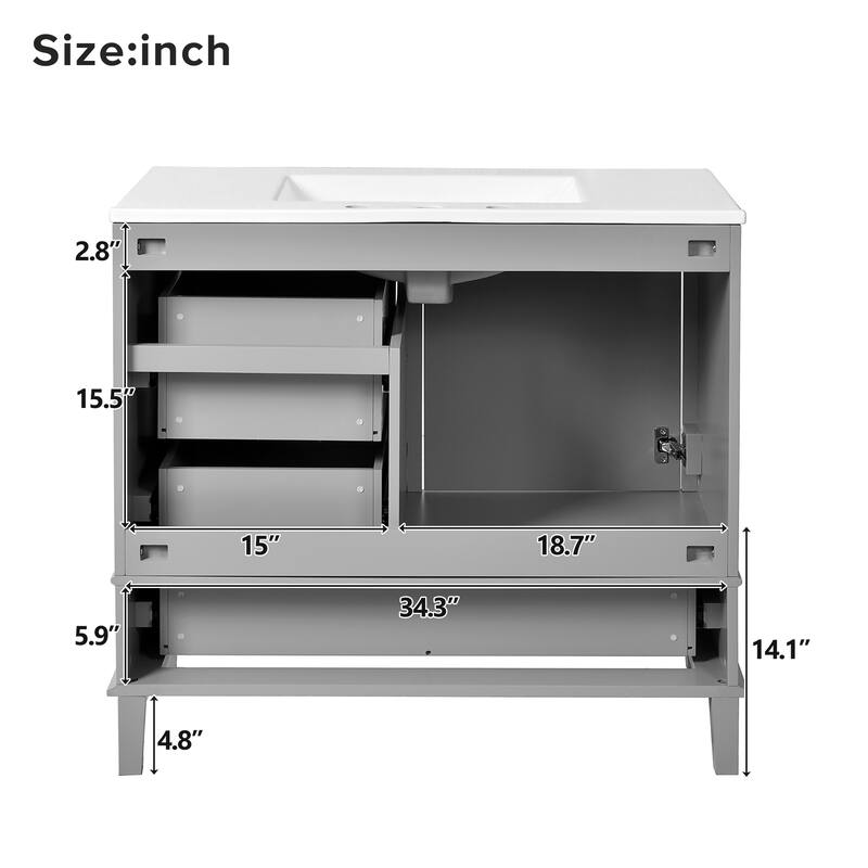 36" Bathroom Vanity with Ceramic Sink, Solid Pine Frame, Soft-Close Door & 3 Drawers - Modern Freestanding Cabinet