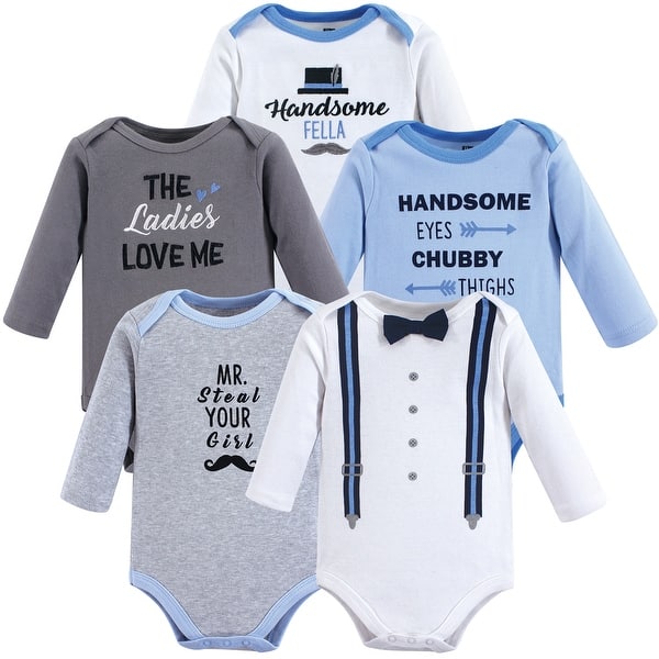 slide 1 of 1, Hudson Baby Infant Boy Cotton Long-Sleeve Bodysuits 5pk, Handsome Fella 0-3 Months - Handsome Fella