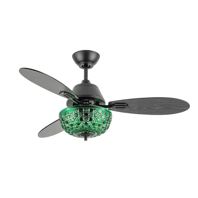 Izzy River of Goods 3-blade 42-inch Modern Indoor Ceiling Fan with Green Hand-Cut Glass Shade and Remote Control