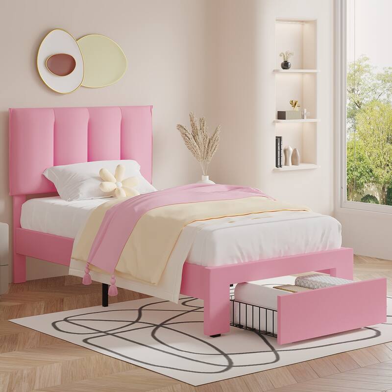 VECELO Set of 2 Kids Bed Frame with Storage Drawer Height Adjustable Upholstered Bed Twin Size Bed