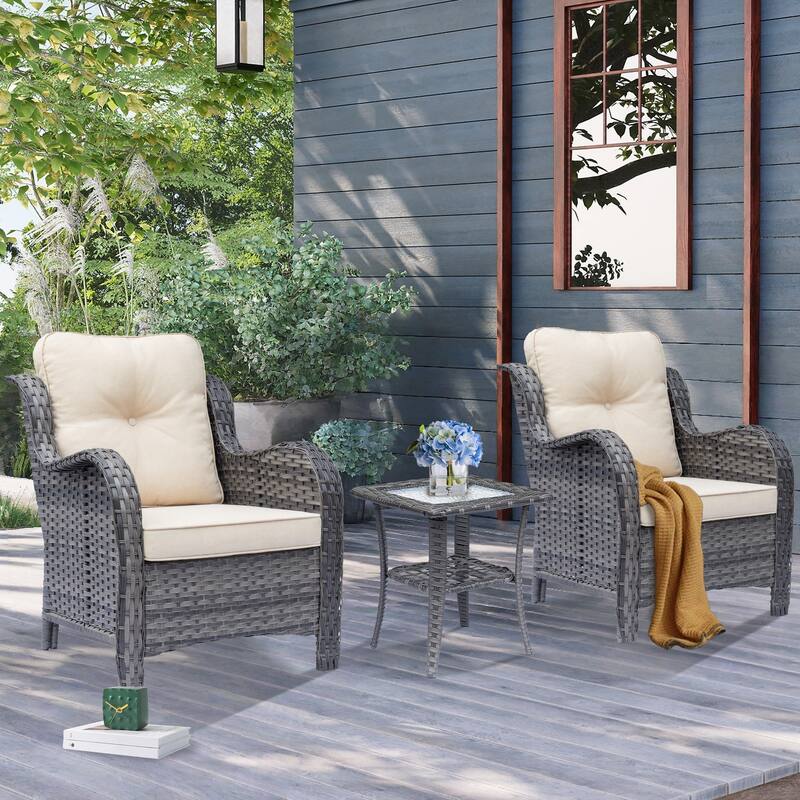 3 Piece High Back Wicker Rattan Outdoor Patio Furniture Chairs Set - Beige-Gray Rattan
