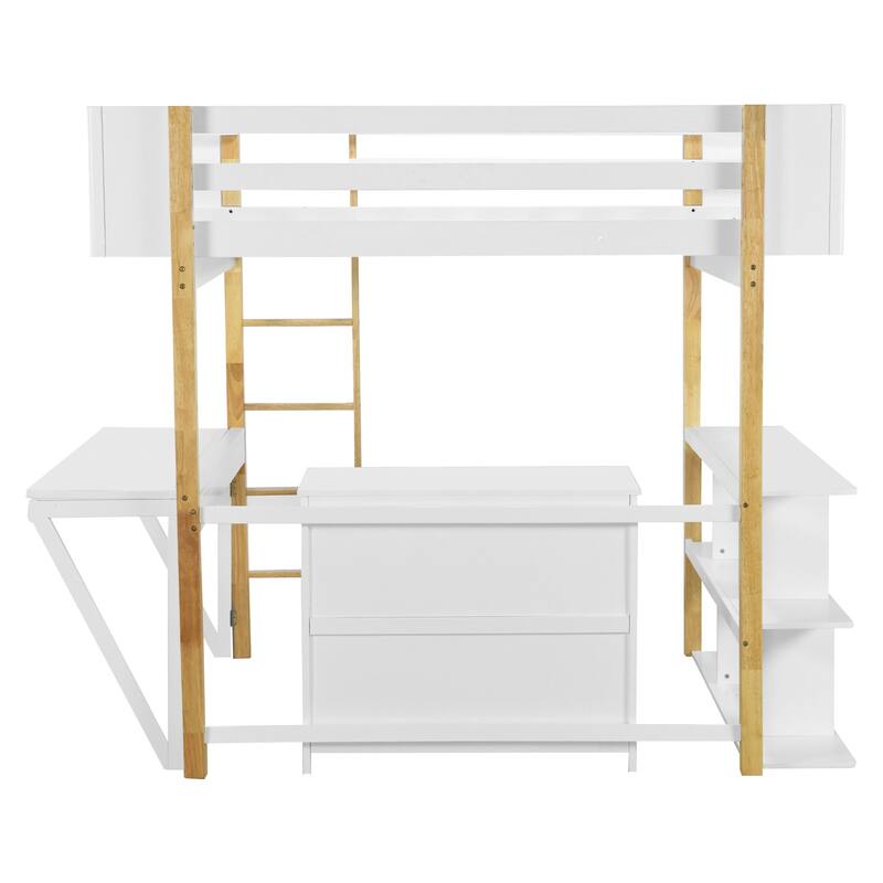 Solid Wood Loft Bed with Storage Cabinet & Desk