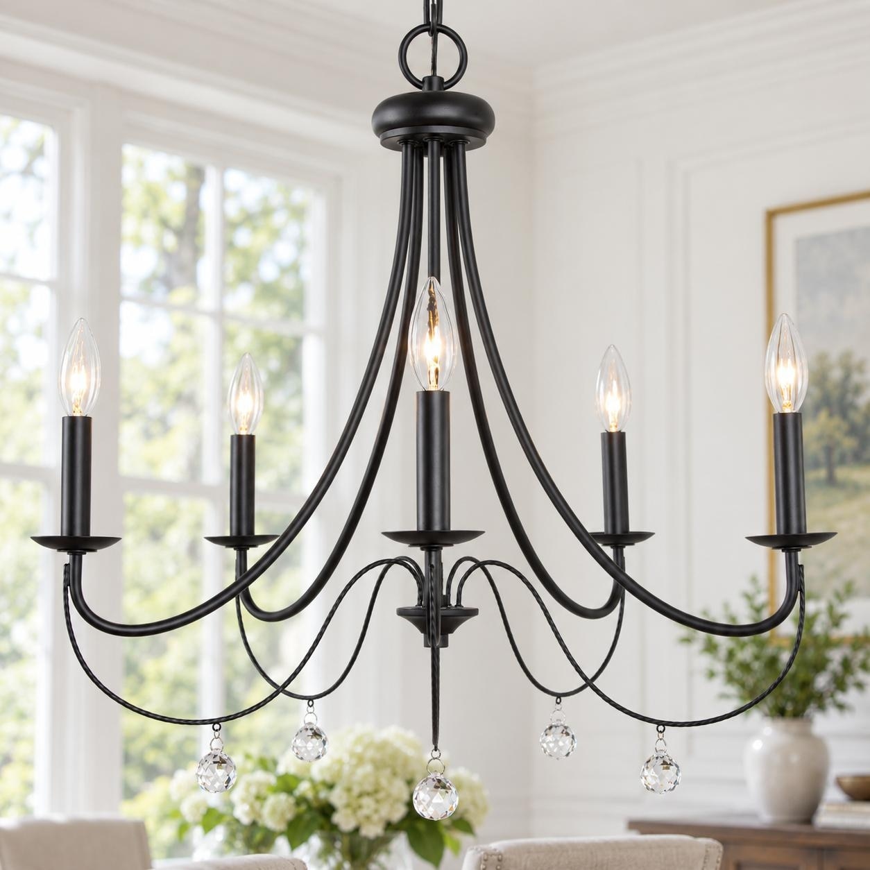 Modern Farmhouse 5-Light Black Chandelier Crystal French Country Pendant for Dining Room - D 24.5" x H 21.6"