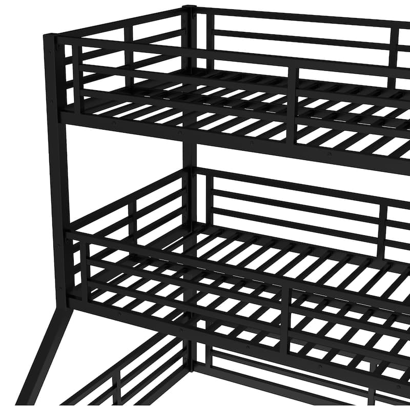 Twin over Twin over Full Bunk Bed, Heavy Duty Triple Bunk Bed Frame, Metal Triple Bunk Bed Frame with Safety Guardrails