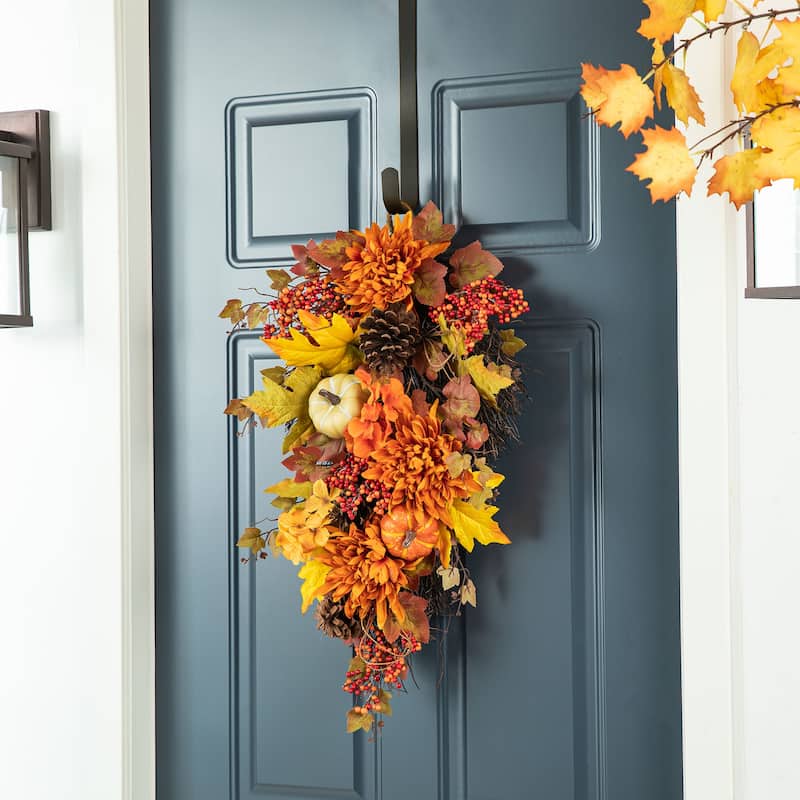 Glitzhome 27"H Fall Dahlia Pumpkin Leaf & Berry Swag Wreath with Hanger