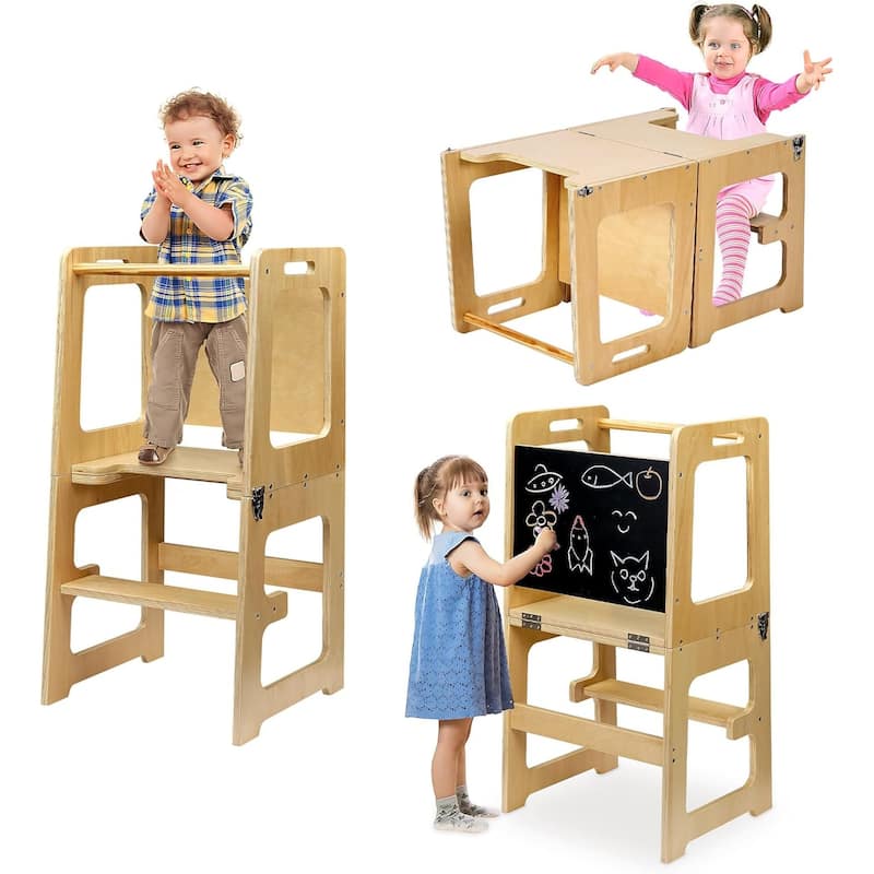Javlergo Kitchen Kids Step Stool, Toddler Standing Tower with Chalkboard & Safety Rail, Natural - 18" x 16" x 36"