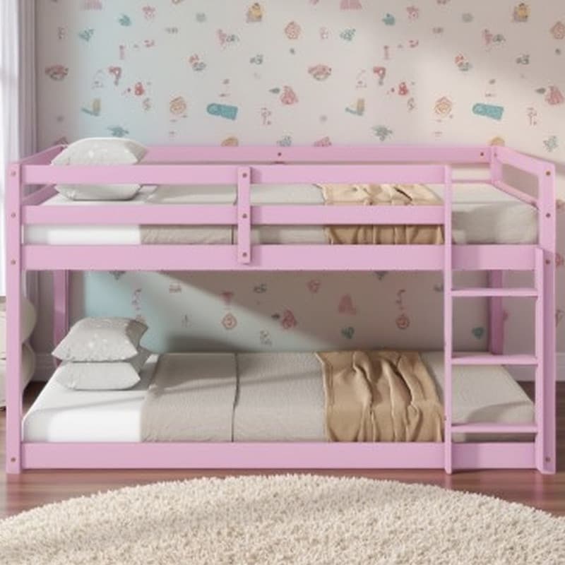 Twin over Twin Floor Bunk Bed with Solid Rubberwood Frame, Ladder & Reinforced Slats