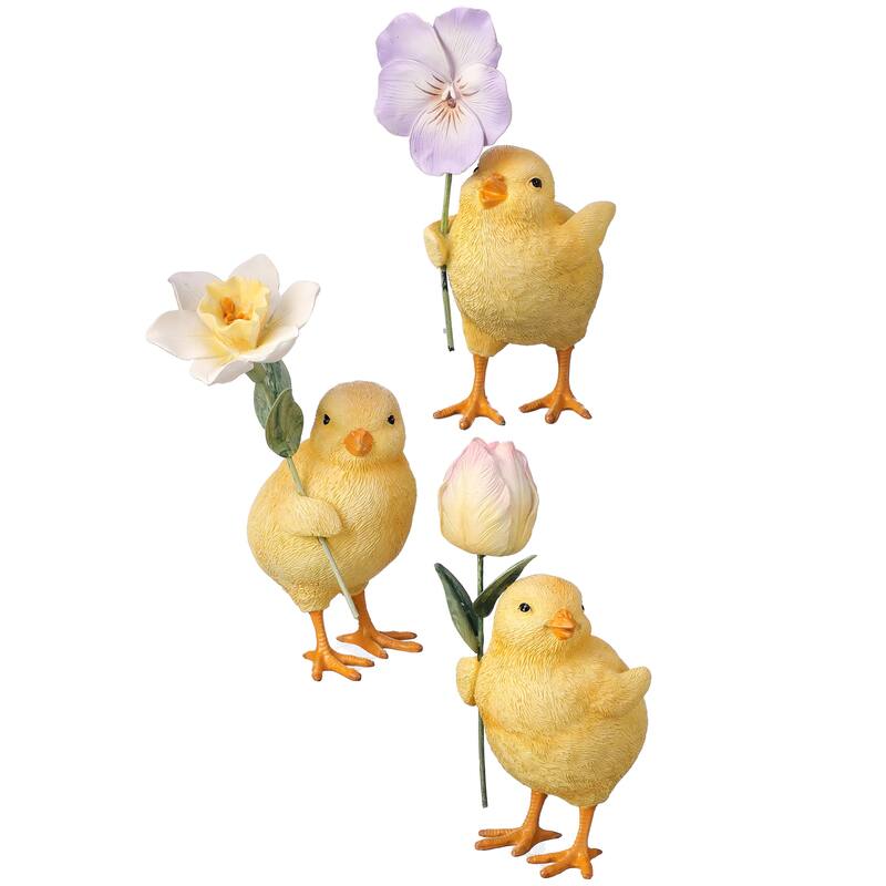 Resin And Metal Chick With Flower 5" Set of 3