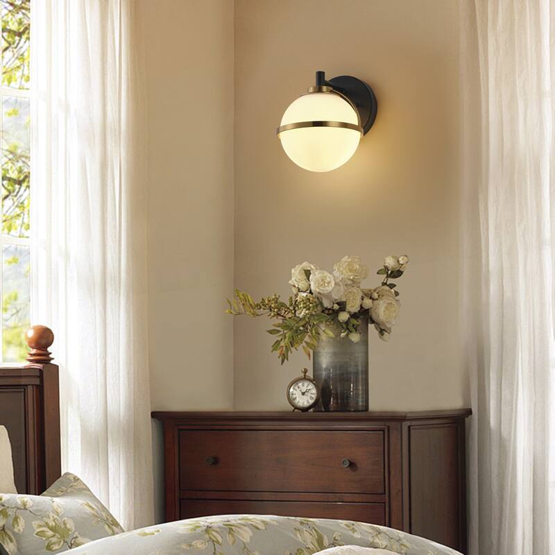 Aiwen Modern 1-Light Wall Sconce Matte Black & Brushed Gold Opal Acid Etched Glass Globe Shade