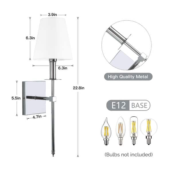 dimension image slide 2 of 3, 1-Light Wall Sconce with White Fabric Shade