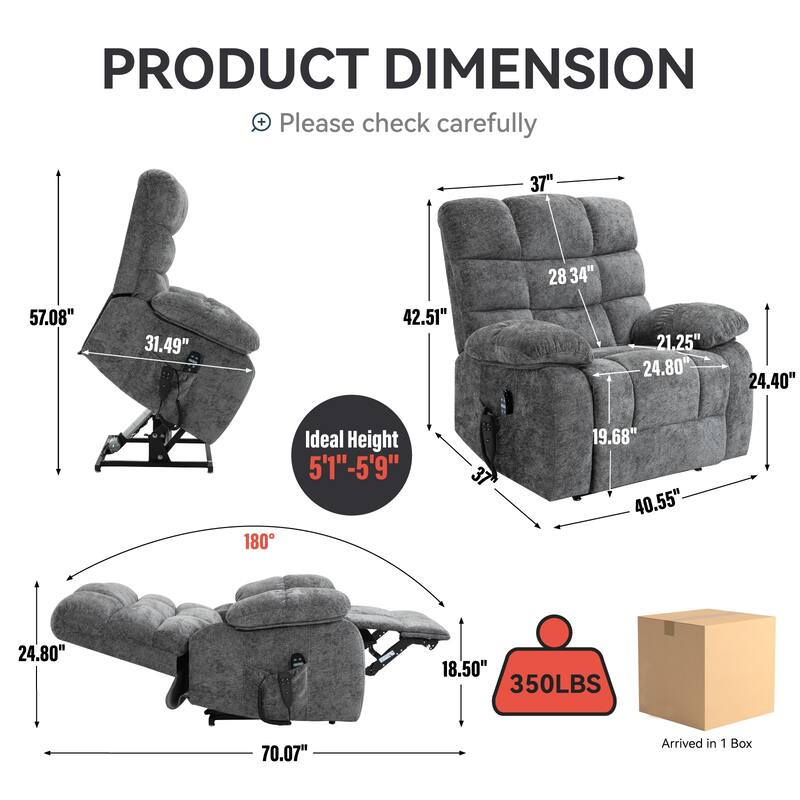 Power Lift Recliner Chair with Heat & Massage, Dual Motor Infinite Position Recliner Chair, Oversized Chenille Electric Recliner