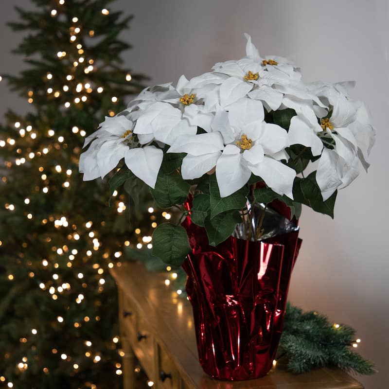 22" White Artificial Christmas Poinsettia Flowers Red Wrapped Base