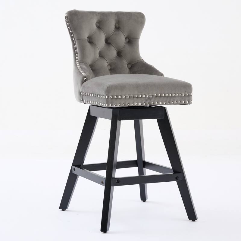 Swivel Bar Stools Set of 2, Velvet Counter Height Barstools with Wooden Legs, Kitchen Island Chairs with Button Backrest