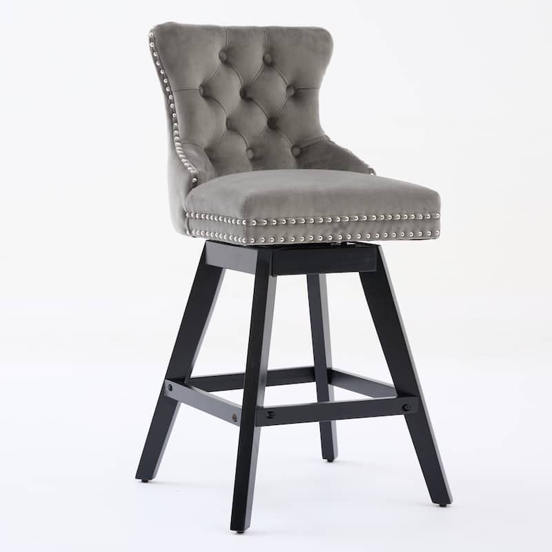 Velvet Barstools Set Curved Button Tufted Accent Chairs Set of 2 with Swivel Seat, Thick Cushion and Solid Rubber Wood Legs