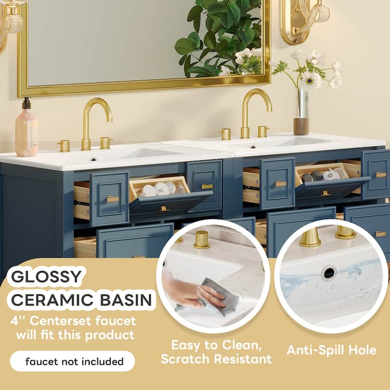 60'' Bathroom Vanity With Ceramic Sink Combo, Free Standing Single Vanity Set With 5 Drawers,Solid Wood FrameStorage Cabinet