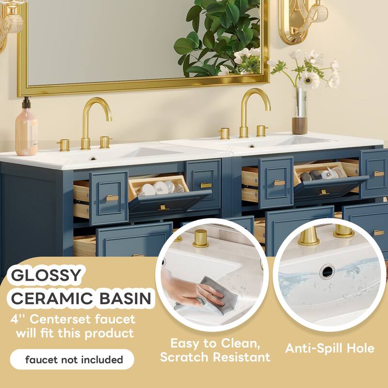 Roomfitters 60" Freestanding Bathroom Vanity with Ceramic Sink, Solid Wood Cabinet with Drawers & Open Storage Shelf