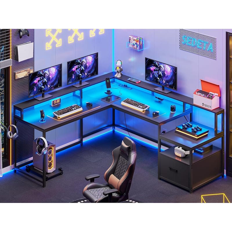 L Shaped Home Office Desk Computer desk File Drawer Power Outlet