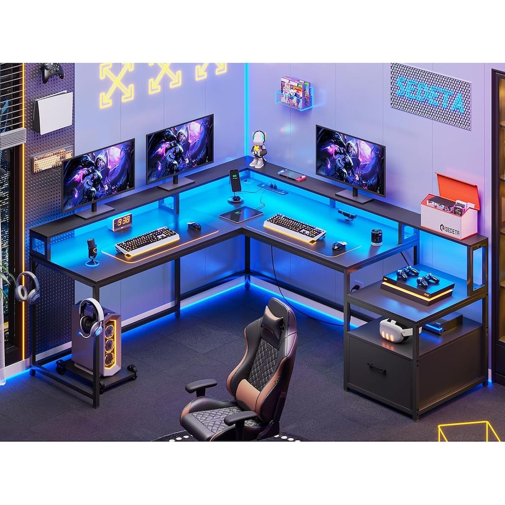 L Shaped Home Office Desk Computer desk File Drawer Power Outlet