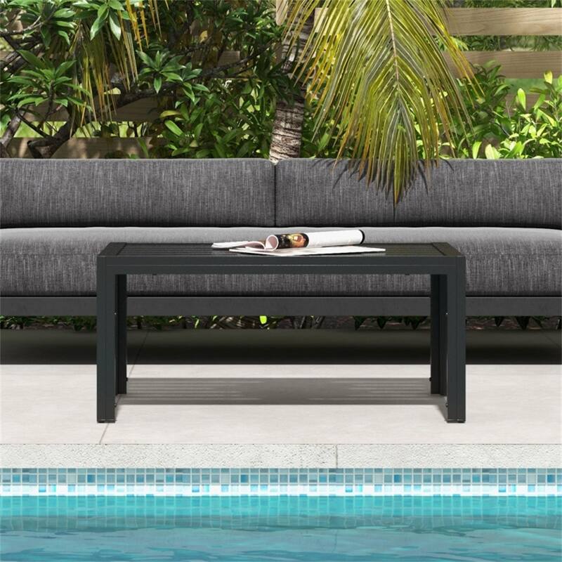 40” Black Weather Resistant Galvanized Steel Slatted Outdoor Patio Coffee Table for Terrace or Garden Use