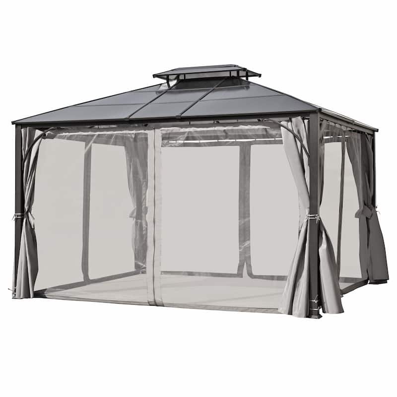 Roomfitters 10x12 FT Hardtop Gazebo with Double-Layer PC Roof, Steel Frame, Mosquito Net & Curtains for Patio, Backyard