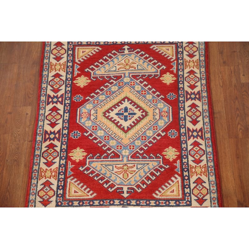 Geometric Kazak Oriental Accent Rug Hand-Knotted Red Wool Carpet - 2'7"x 3'8"