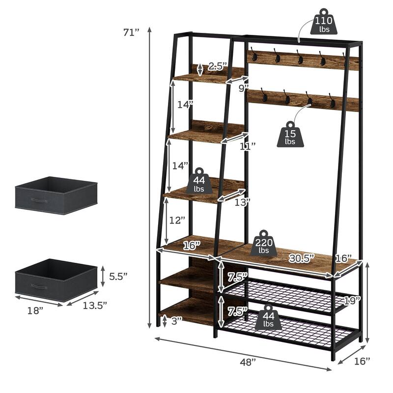 Gymax 6-in-1 Freestanding Hall Tree Coat Rack w/ Bench & Fabric