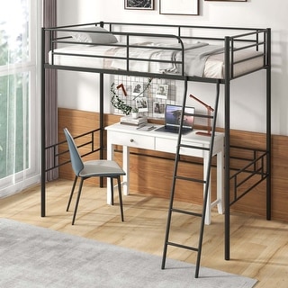 Twin Metal Loft Bed Frame w/ Ladder Loft Bed & Safety Guardrails