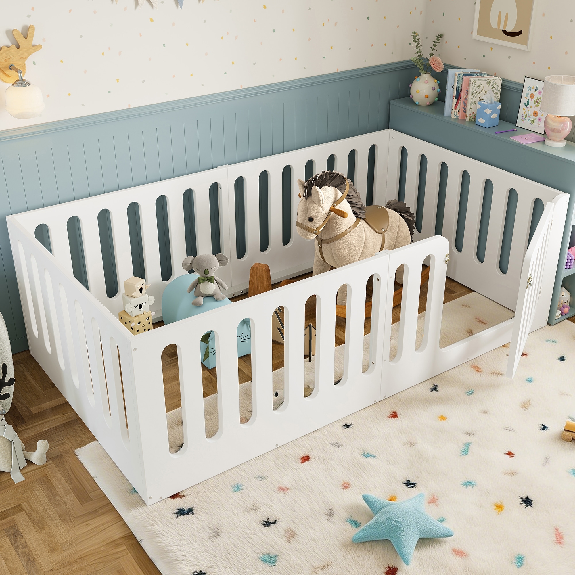 Toddlers Montessori Floor Bed with High Fence, Door, Low Profile Platform Bed Frame for Kids with No Box Spring Needed, No Slats