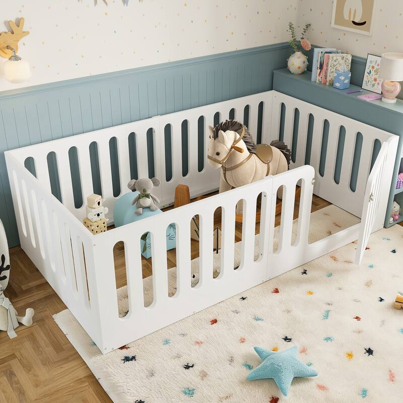 Toddlers Montessori Floor Bed with High Fence, Door, Low Profile Platform Bed Frame for Kids with No Box Spring Needed, No Slats - White - Twin