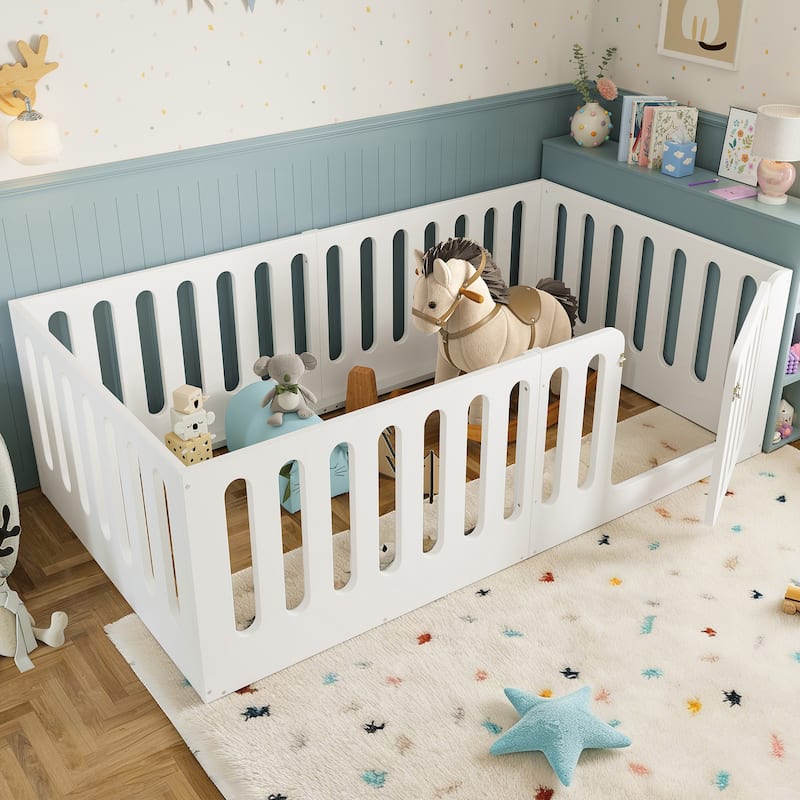 Twin Size Floor Bed with High Fence for Kids, Solid Wood Kids Montessori Bed with Door, No Box Spring Needed Design