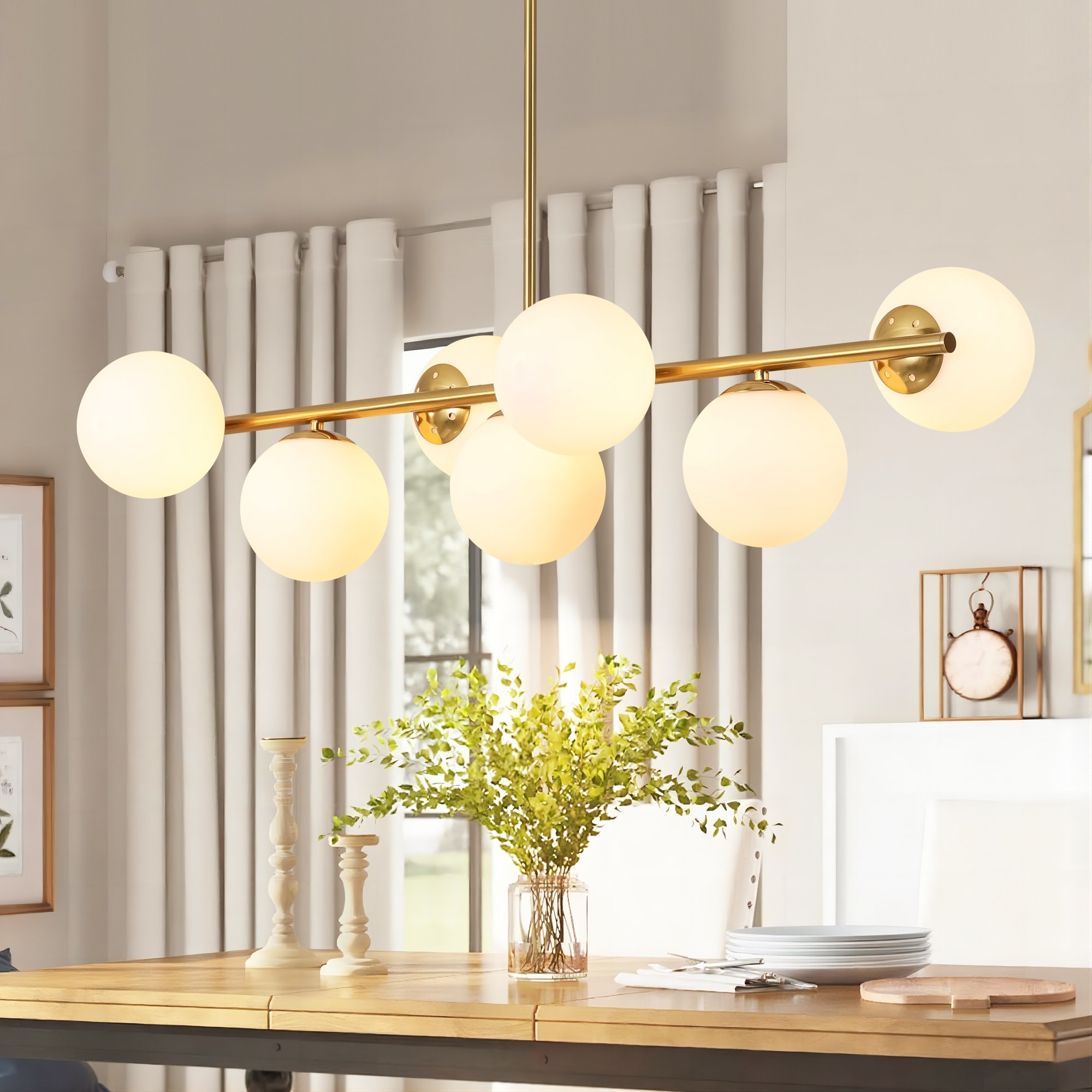 40.9" Mid-Century Modern Linear Sputnik 7-Light Black/Gold Large Kitchen Island Pendant with Opal Glass Globe Shades