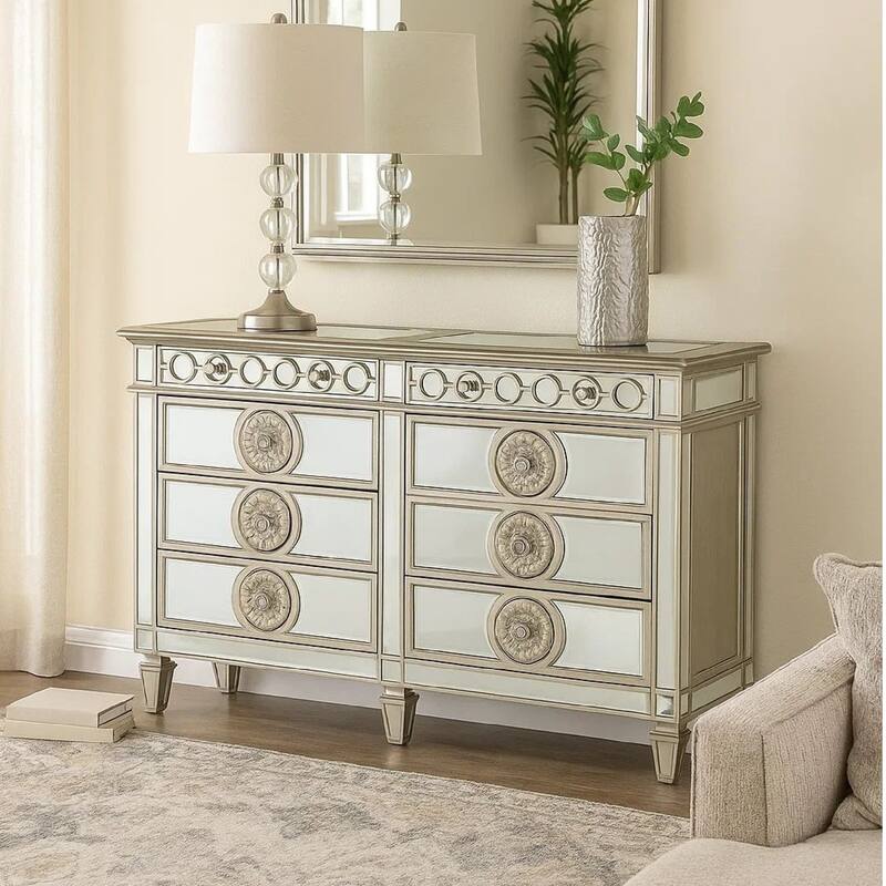 Dresser with Mirror Front 8 Drawers and Sunburst Motifs, Silver