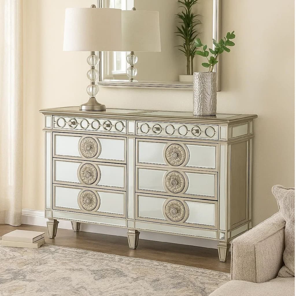 Dresser with Mirror Front 8 Drawers and Sunburst Motifs, Silver