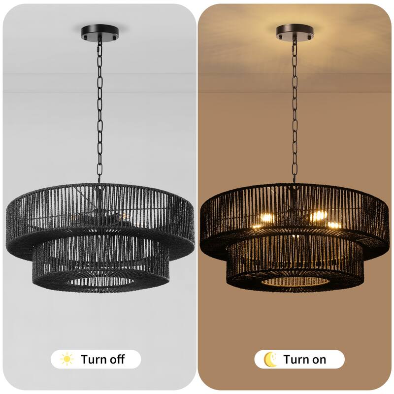 5-Light 21.6in. Rattan Boho Tiered Drum Hand Woven Chandelier