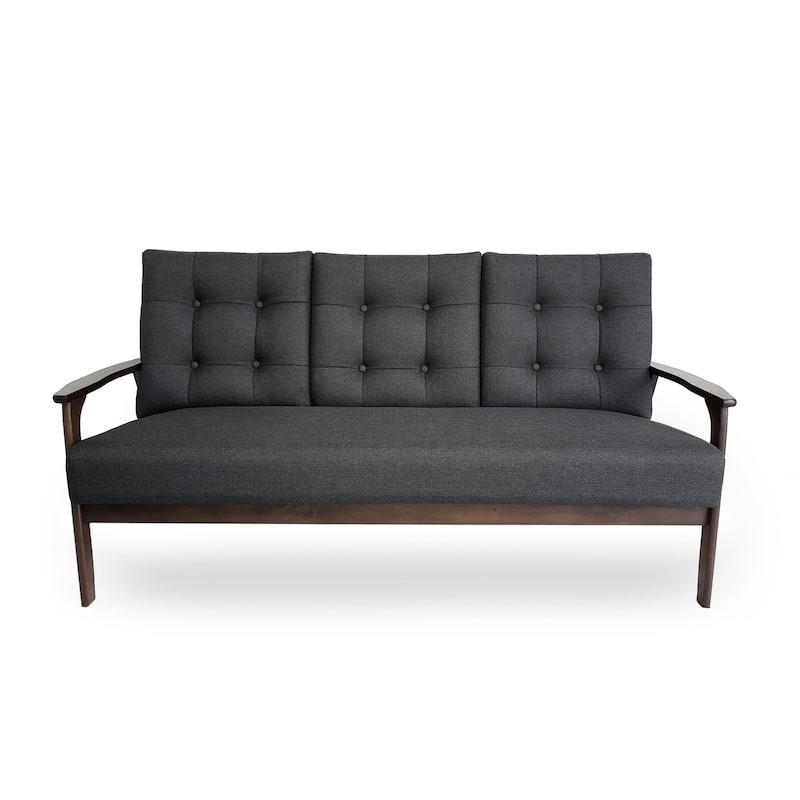 Grey 65.6'' Mid-Century 3-Seater Sofa with Waffle Stitch Tufting, Rubberwood Legs, and Accent Design