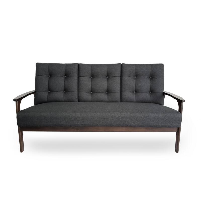 Grey 65.6'' Mid-Century 3-Seater Sofa with Waffle Stitching, Rubberwood Legs, and Accent Design