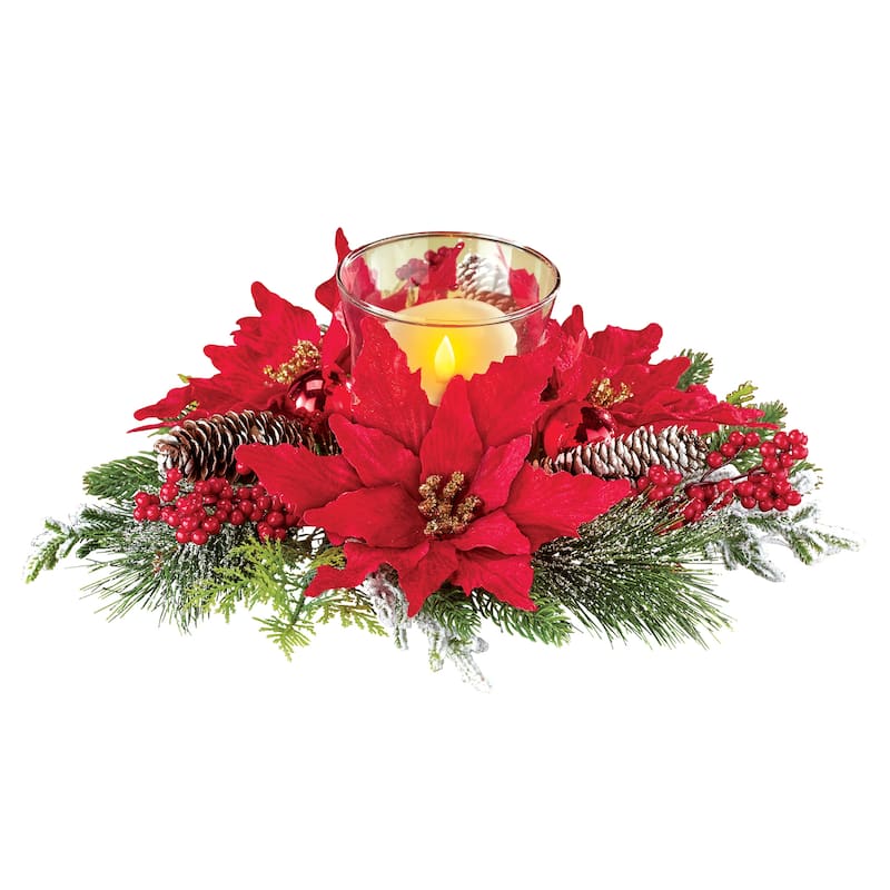 Poinsettia Rustic Pine Hurricane Candle Holder Centerpiece 12 x 7 x