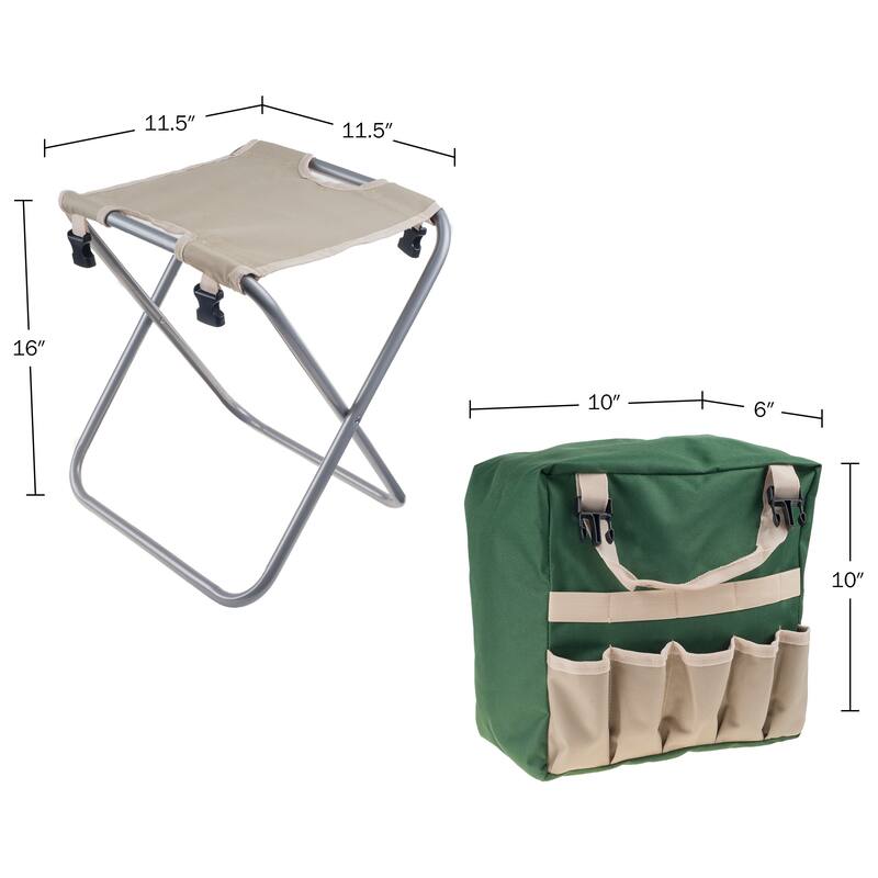 Garden Tools Set - Folding Stool with 250lb Capacity, Detachable 7 Pocket Bag, and 5 Gardening Tools by Pure Garden (Green)