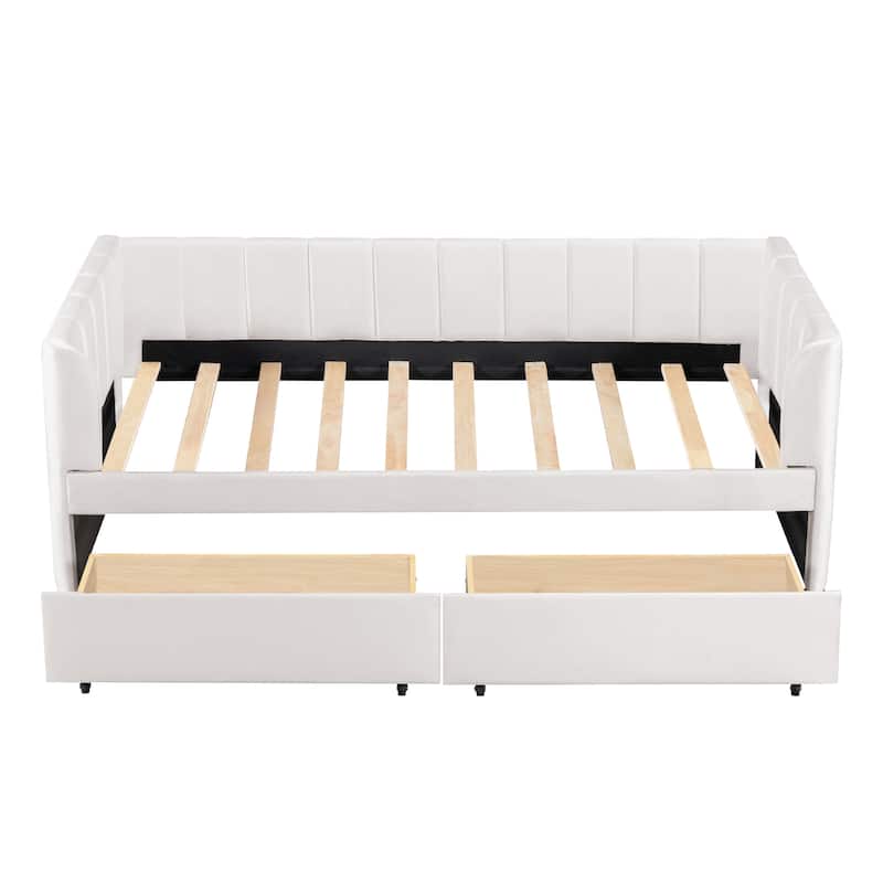 Twin Size Upholstered Daybed with Ergonomic Design Backrest and 2 Drawers, Beige