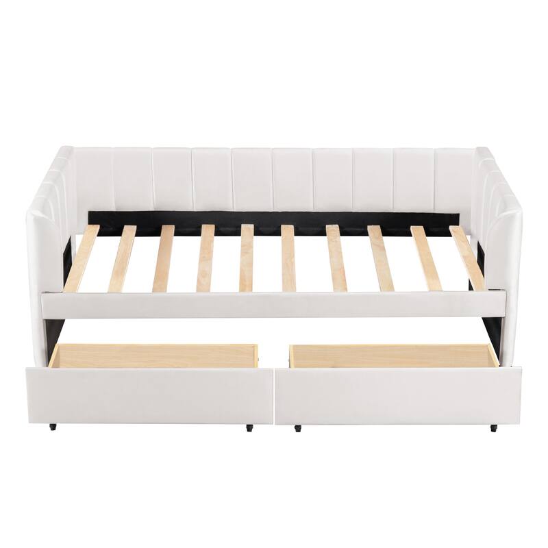 Twin Upholstered Daybed with Stripe Headboard, Ergonomic Backrest, and 2 Storage Drawers, Ideal for Stylish Bedrooms