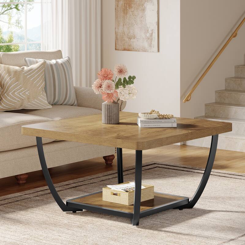 31.5" Square Coffee Table, 2-Tier Accent Center Cocktail Table