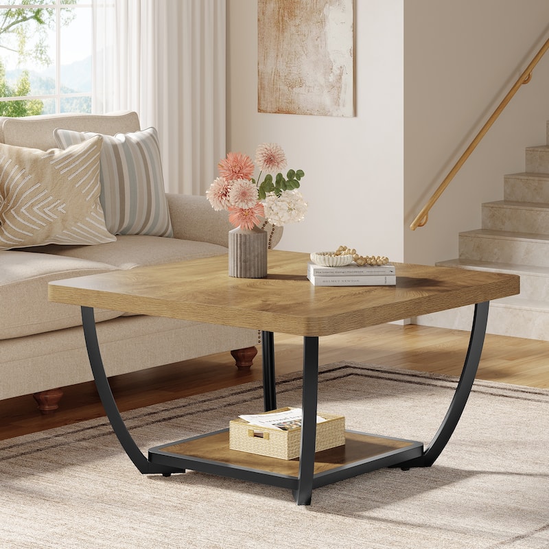 31.5" Square Coffee Table, 2-Tier Storage Shelves Accent Cocktail Table for Living Room