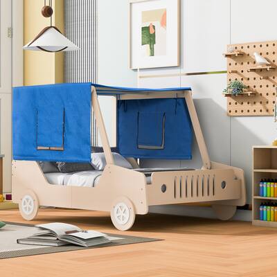 Wooden Car Bed with Tent Canopy and Wheels