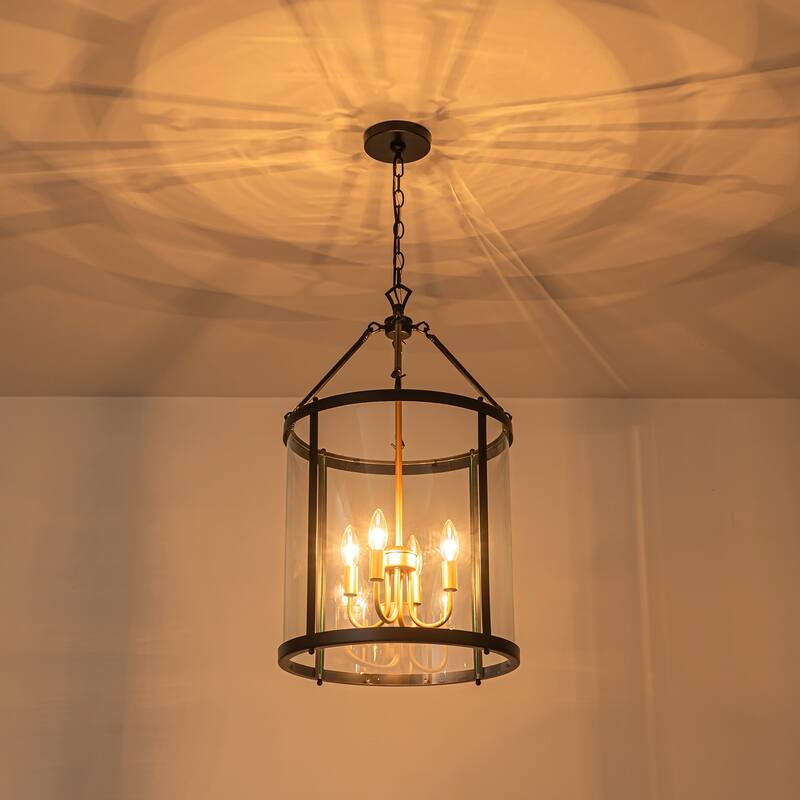 4 - Light Farmhouse Lantern Glass Drum Chandelier for Entryway