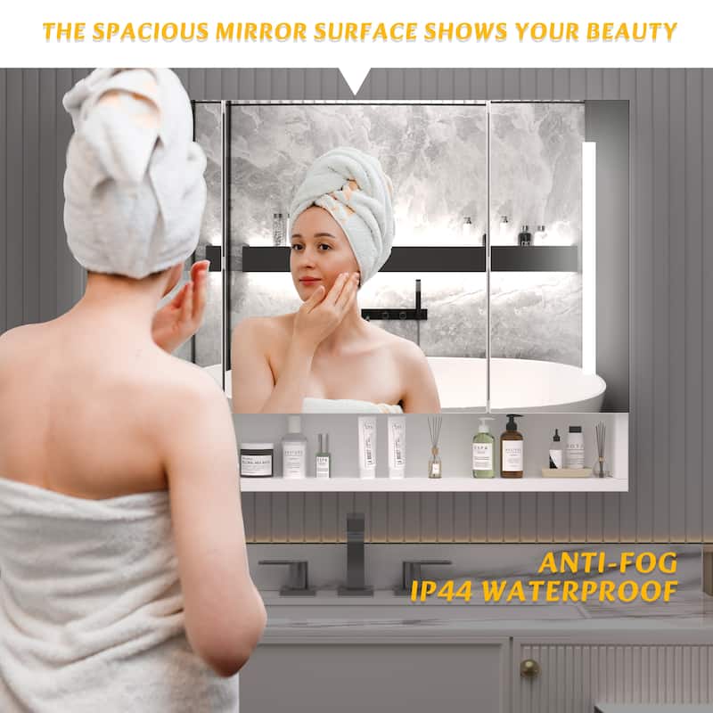 39 x 28 Inch LED Lighted Medicine Cabinet with Mirror, Aluminum Wall Mounted Bathroom Cabinet with Anti-Fog and Storage