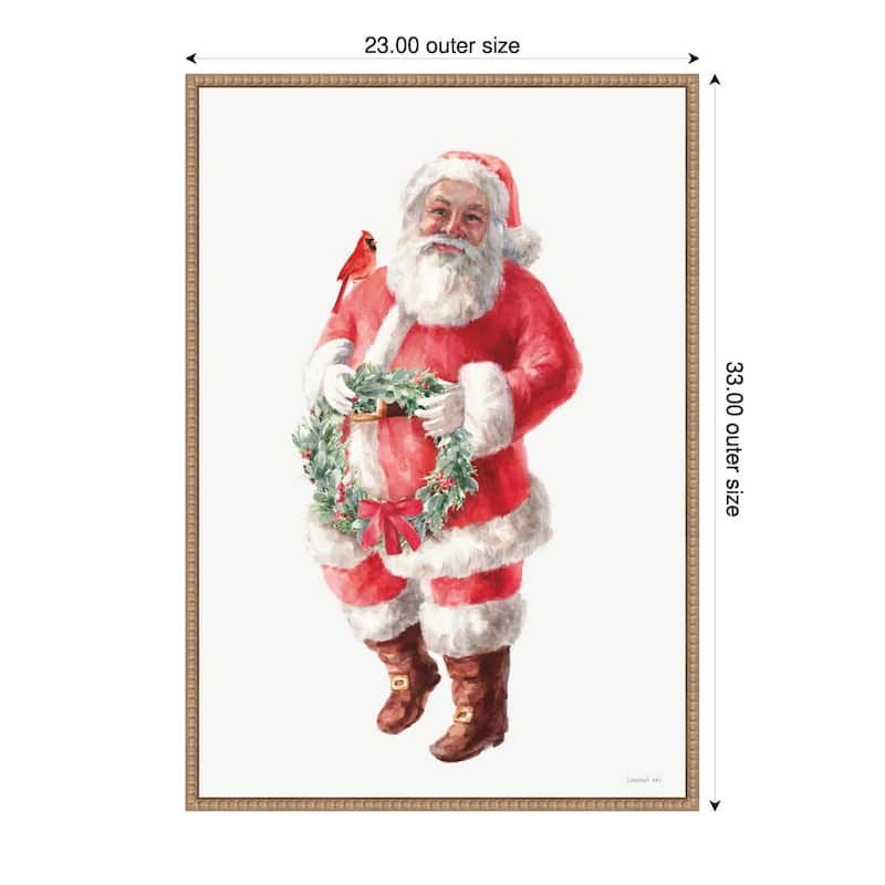 Jolly Santa with Wreath by Danhui Nai (23 x 33 in.), Framed Canvas Wall Art Print - Sylvie Beaded Rustic Natural